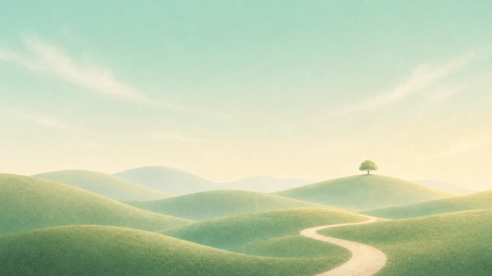 Soft mint hills with a winding cream path and a lone tree