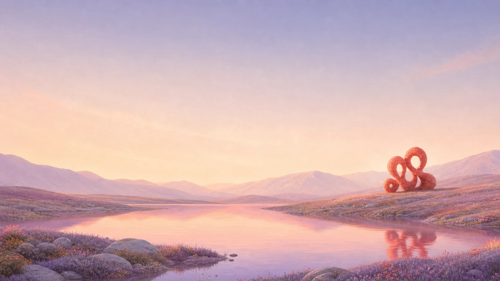 A quiet lavender valley and rose lake with a small coral sculpture on the far shore